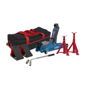 Low Profile Short Chassis Trolley Jack 2 Tonne & Accessories Bag Combo - Blue Vinny Byrne Low Profile Short Chassis Trolley Jack 2 Tonne & Accessories Bag Combo - Blue