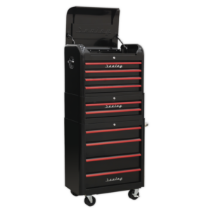 Premier™ Retro Style Topchest, Mid-Box Tool Chest & Rollcab Combination 10 Drawer - Black with Red Anodised Drawer Pulls Vinny Byrne Premier™ Retro Style Topchest, Mid-Box Tool Chest & Rollcab Combination 10 Drawer - Black with Red Anodised Drawer Pulls
