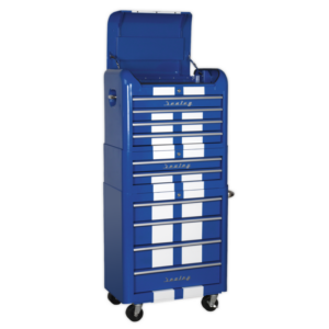 Premier™ Retro Style Topchest, Mid-Box Tool Chest & Rollcab Combination 10 Drawer - Blue with White Stripes Vinny Byrne Premier™ Retro Style Topchest, Mid-Box Tool Chest & Rollcab Combination 10 Drawer - Blue with White Stripes