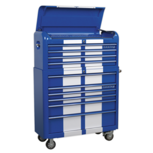 Premier™ Retro Style Wide Topchest & Rollcab Combination 10 Drawer Blue with White Stripes Vinny Byrne Premier™ Retro Style Wide Topchest & Rollcab Combination 10 Drawer Blue with White Stripes