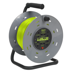 50m Cable Reel with Thermal Trip 4 x 230V - Hi-Vis Green