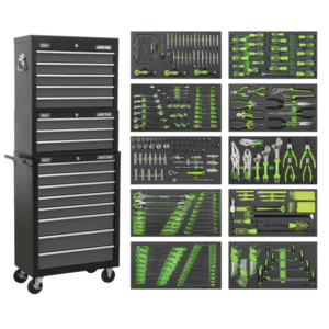 Tool Chest Combination 16 Drawer with Ball-Bearing Slides - Black/Grey & 398pc Tool Kit Vinny Byrne Tool Chest Combination 16 Drawer with Ball-Bearing Slides - Black/Grey & 398pc Tool Kit